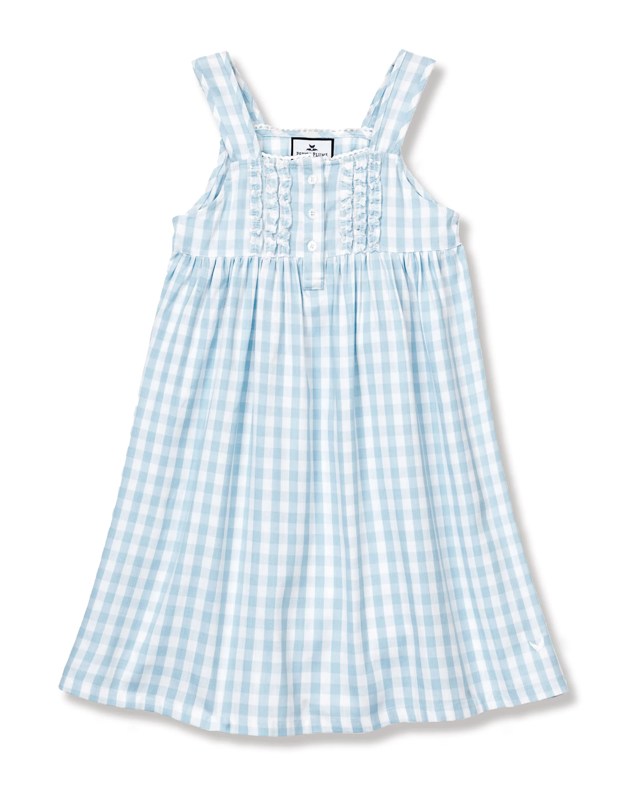Girl's Twill Charlotte Nightgown in Light Blue Gingham | Petite Plume