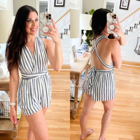 Blue and white striped romper from lulus 