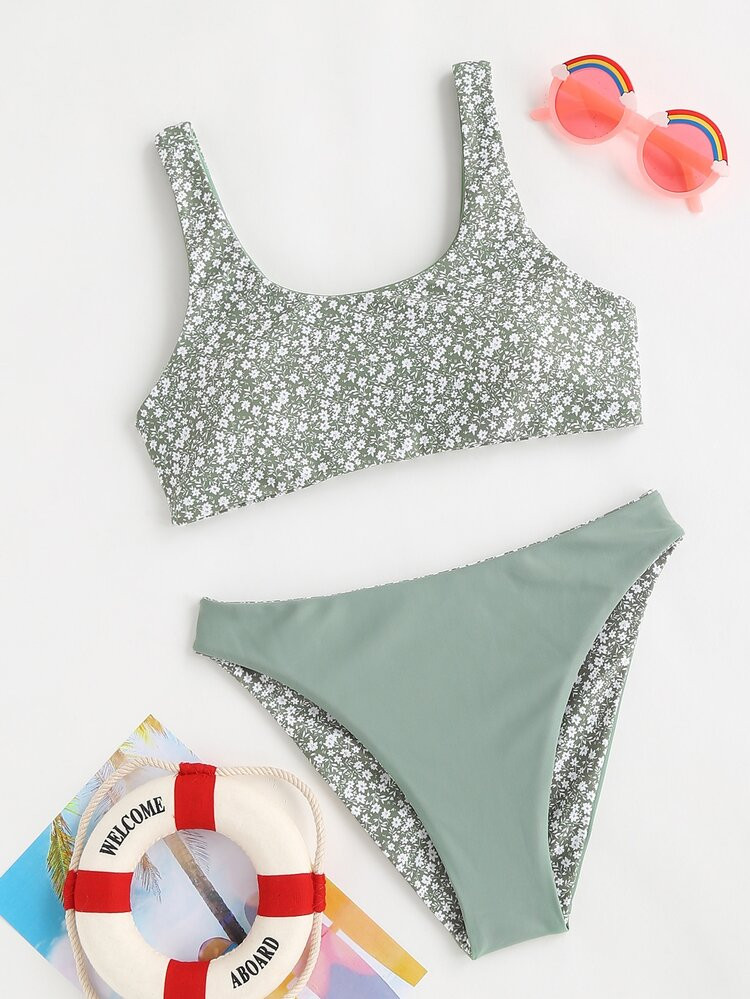Girls Ditsy Floral Print Reversible Bikini Swimsuit | SHEIN