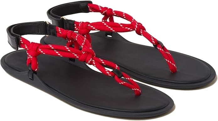 Red Rope Thong Sandals for Women Adjustable T Strap Slip on Flip Flop Sandals Comfortable Flat Sa... | Amazon (US)