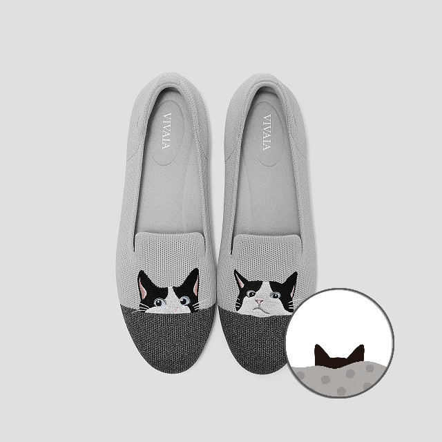 VIVAIA Round-Toe Embroidered Loafers (Audrey)|OYSTER RICH GREY - MOO CAT|US 5 | VIVAIA