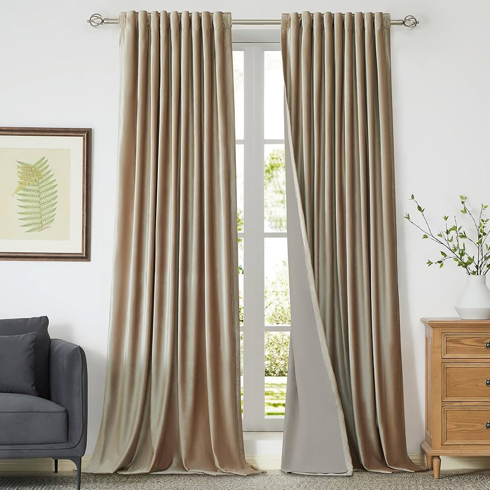 100% Full Blackout Champagne Beige Velvet Curtains 84 inch Long for Living Room,Set of 2 Liner Ro... | Amazon (US)