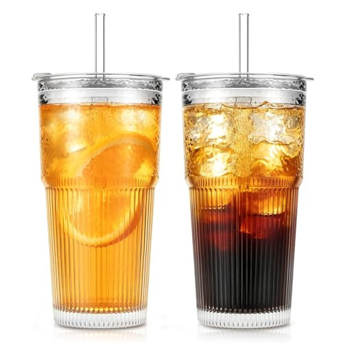 SoulTimes 20oz Glass Tumblers with Lids and Straws, Set of 2 - Stylish Ribbed Design Drinking Glasses for Iced Coffee Cups, Juice, Smoothies, Cold Beverages, Includes Cleaning Brush, Durable Glassware | Amazon (US)