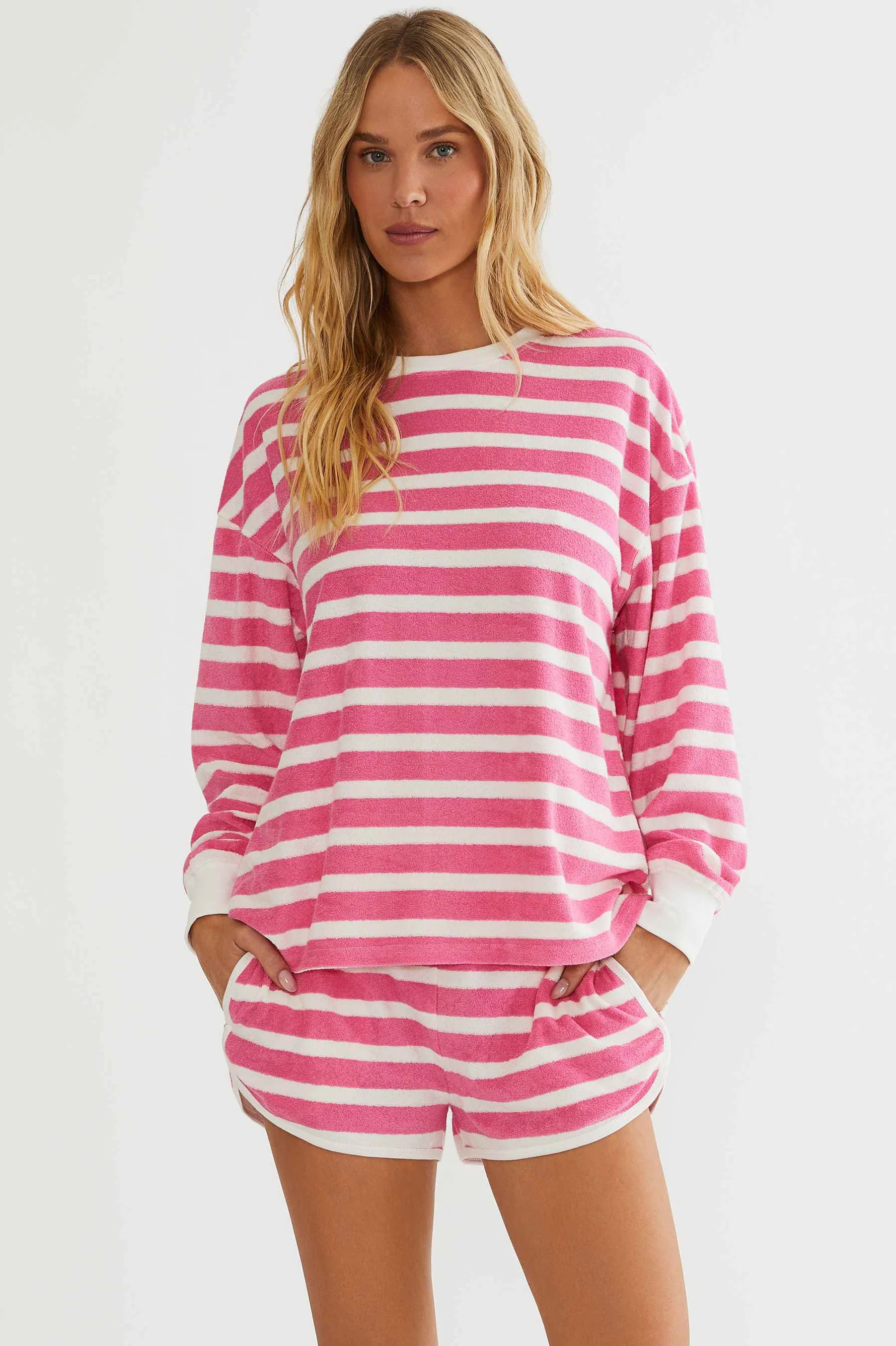 Cyra Top Misty Stripe | Pink & White Striped Terry Cloth Top | Beach Riot | Beach Riot