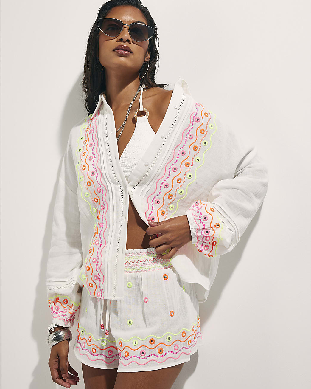 Cream Cotton Mirror Embroidered Shirt | River Island UK & IE
