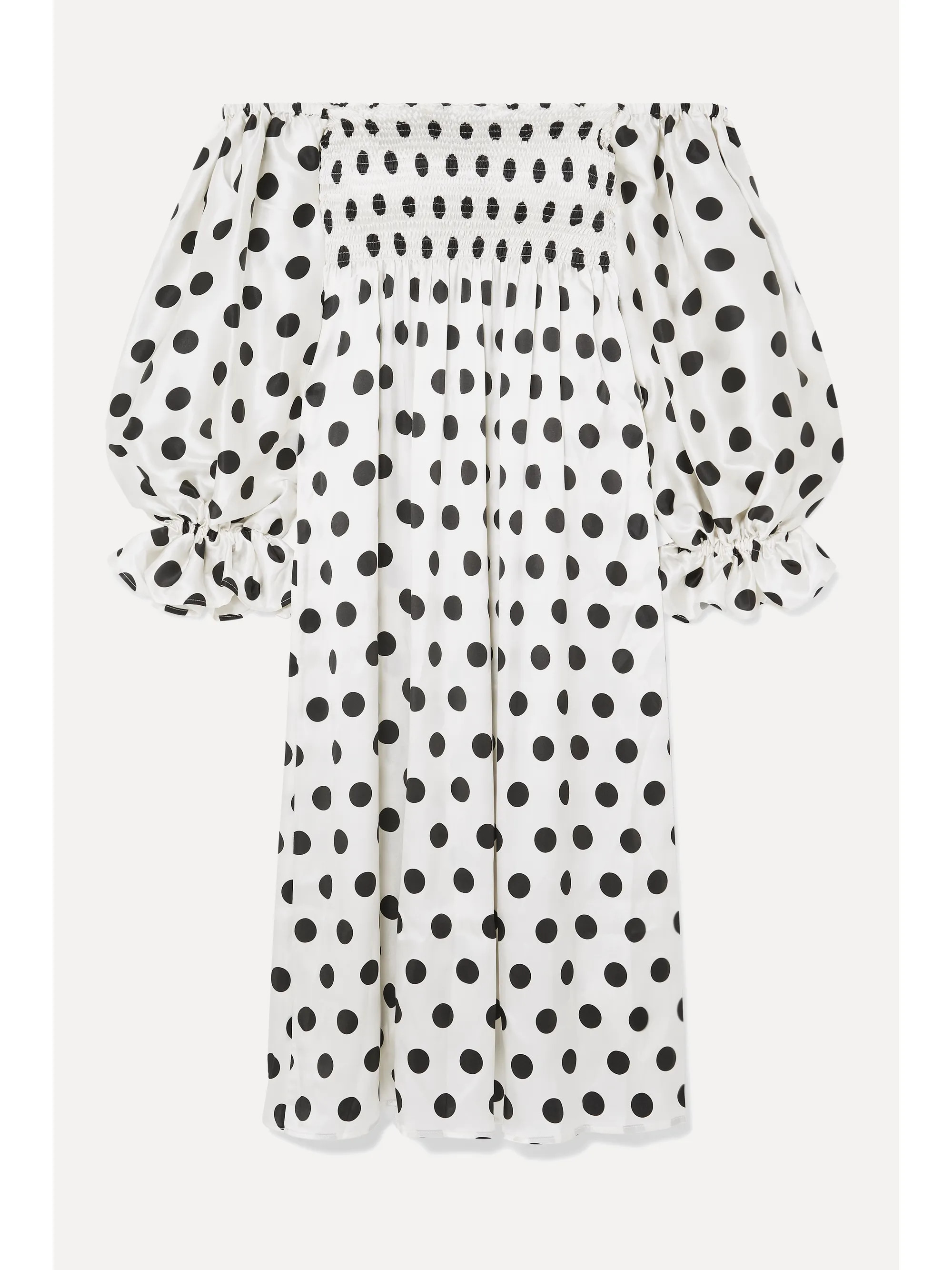 Atlanta off-the-shoulder shirred polka-dot silk-satin midi dress | NET-A-PORTER (US)