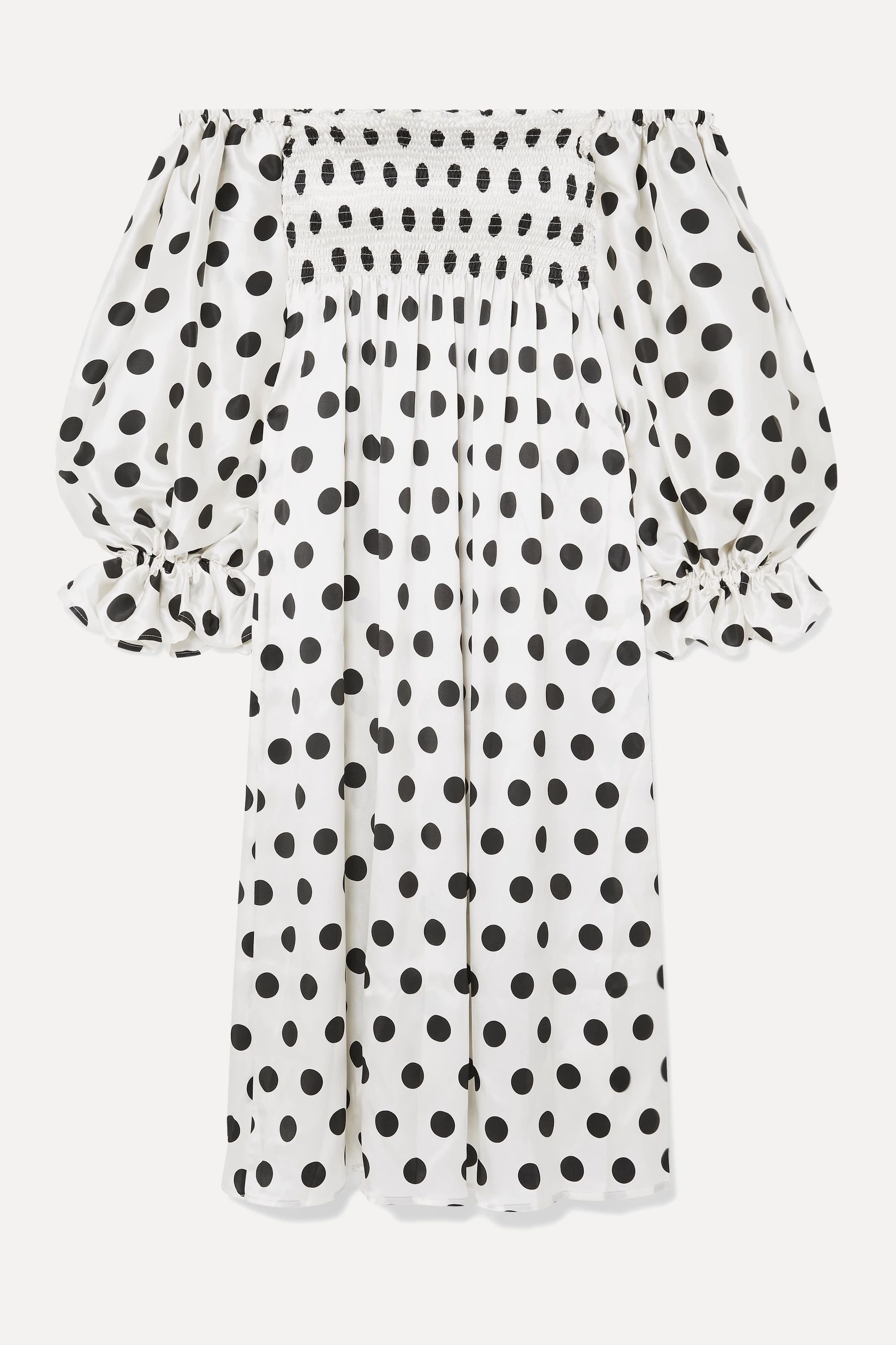 Atlanta off-the-shoulder shirred polka-dot silk-satin midi dress | NET-A-PORTER (US)