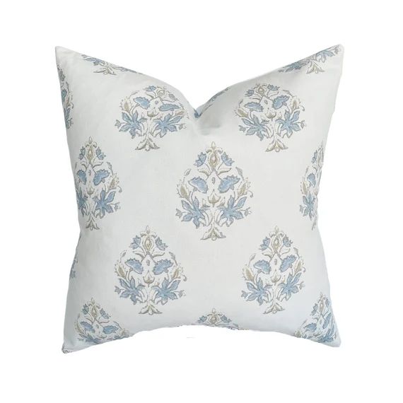 Floral Blue Handblock Pillow Cover | Soft White Coastal Blue Designer Fabric  | Neutral Home Deco... | Etsy (US)