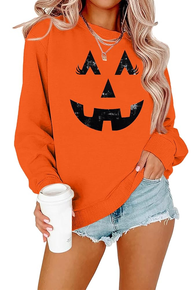 SFHFY Halloween Pumpkin Face Sweatshirts Women Fall Long Sleeve Shirts Blouse Graphic Printed Cre... | Amazon (US)