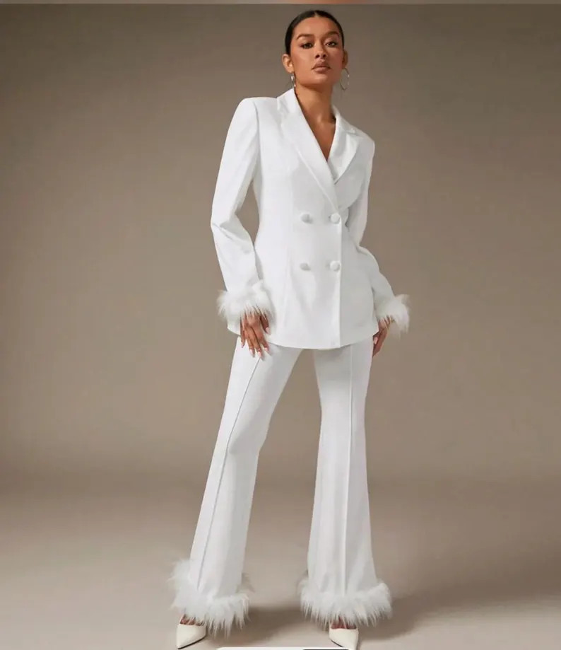 White Flare Pants with Feather Trim - Elegant Fashion Statement | Etsy (US)
