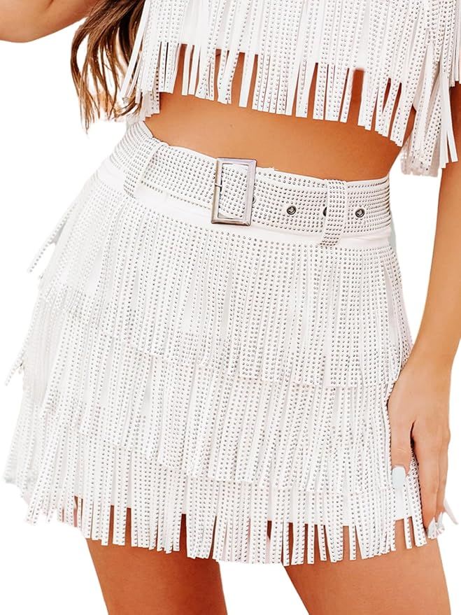 Womens Sparkle Rhinestone Fringe Skirt Elastic Waistband Short Mini Dress with Adjustable and Rem... | Amazon (US)