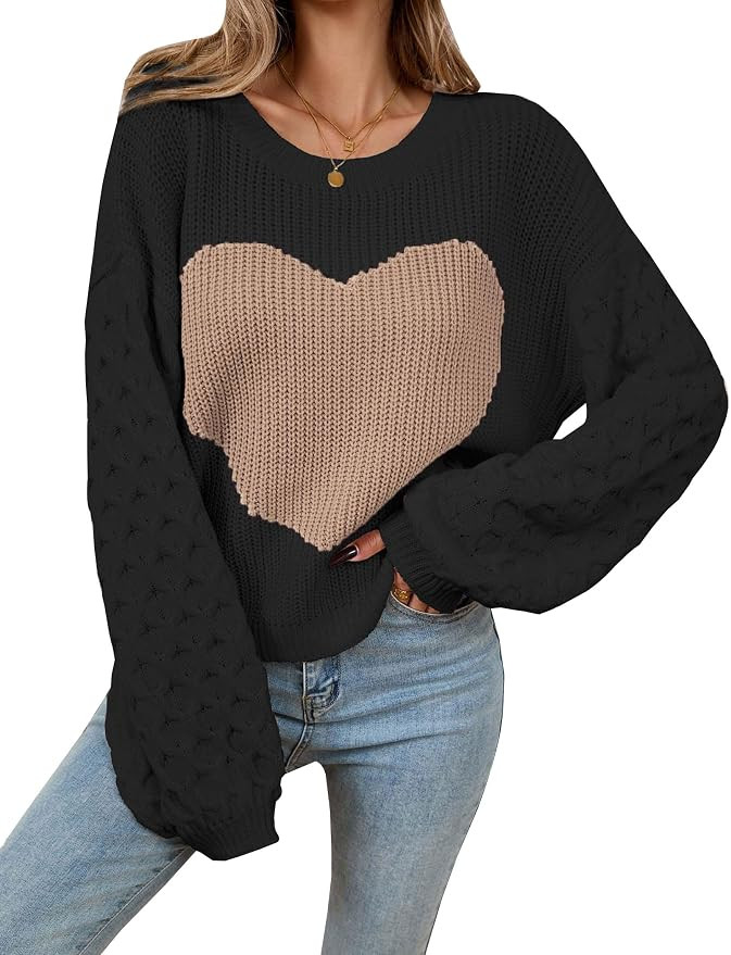 Womens Oversized Heart Sweaters Cute Cable Knit Fall Pullover Tops | Amazon (US)
