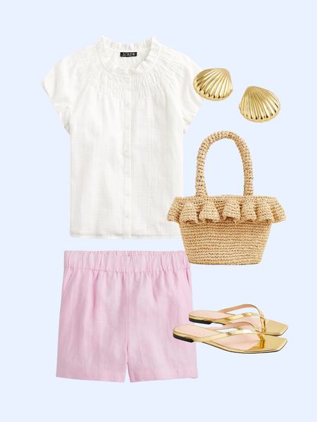 Summer vacation outfit. Featuring the cutest gauze top, pink pull on shorts, a raffia bag, shell, earrings, and gold sandals.

#LTKfindsunder100 #LTKstyletip #LTKshoecrush