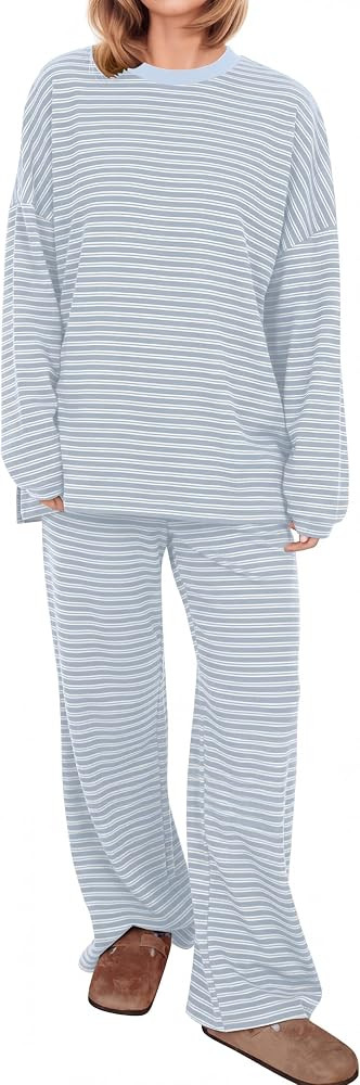 Women Striped 2 Piece Lounge Set Long Sleeve Oversized T Shirts Wide Leg Pants Matching Sets Casu... | Amazon (US)