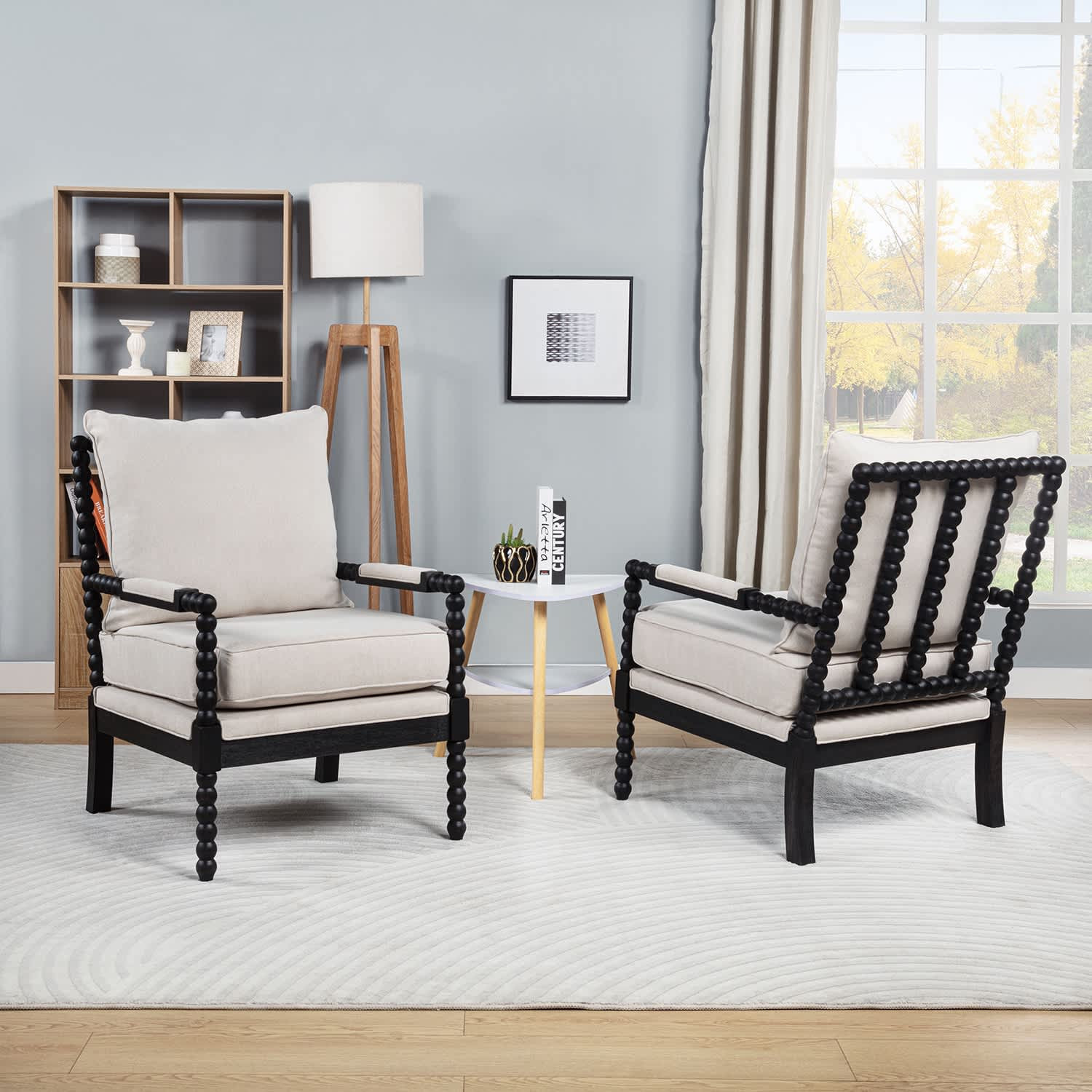 SEYNAR Mid Century Boucle Uplostered Wood Accent Armchair with Cushion Set of 2 in White | VD808BEIGES2 | Lowe's