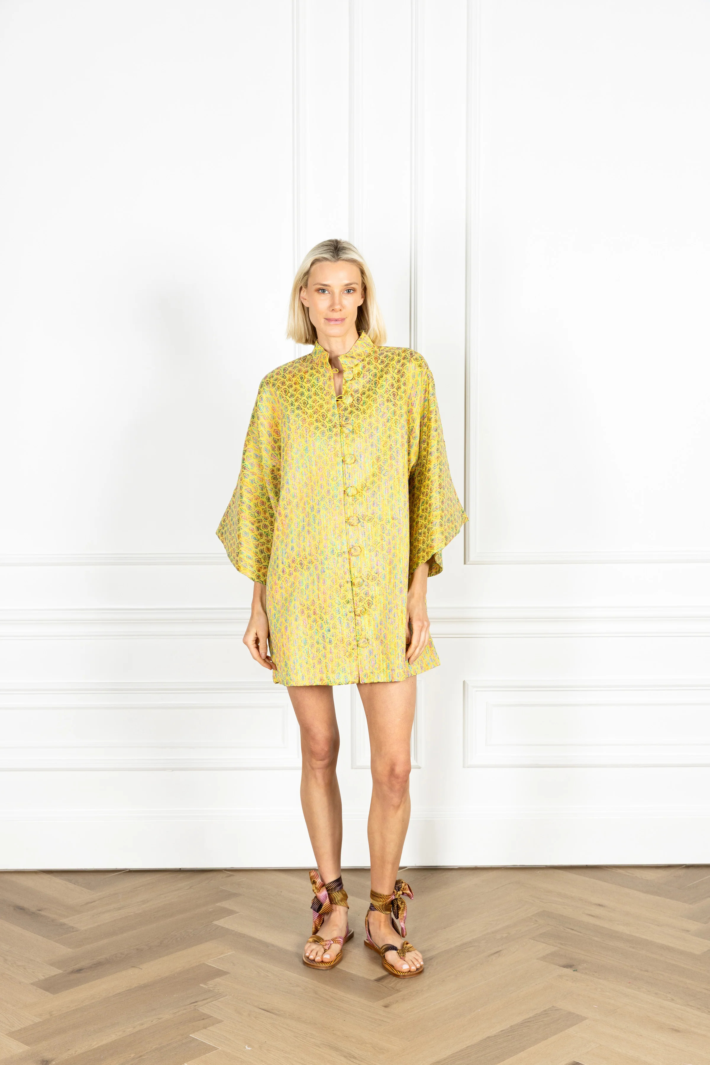 Lime Pixels Jacquard Mini Open Front Caftan | La Vie Style House