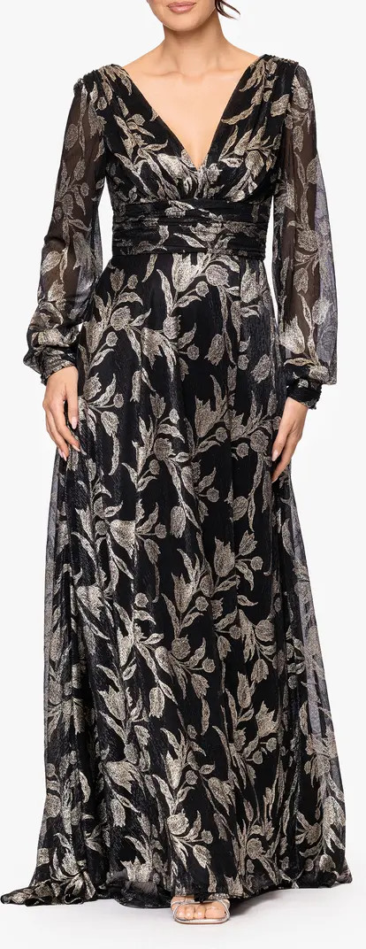Betsy & Adam Metallic Floral Long Sleeve Crinkle Mesh Gown | Nordstrom | Nordstrom