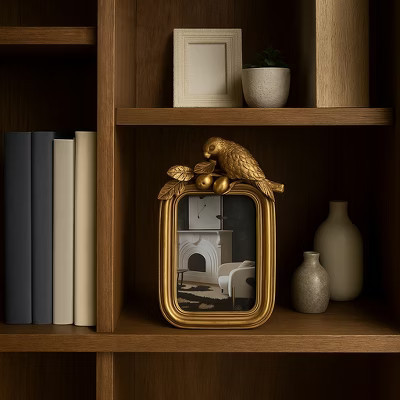 Decorative Resin Picture Frame with Perched Bird Accent - Vintage Inspired Photo Frame for Entryway Tabletop, Mantel, or Living Room Decor - 8", Gold | Target