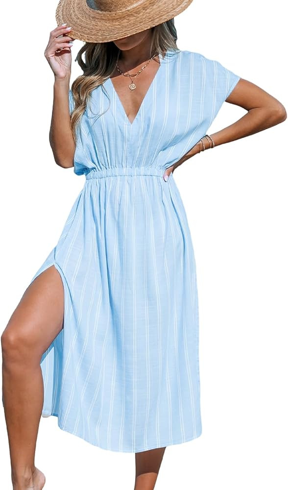 CUPSHE Women Beach Cover Up V Neck Short Sleeve Striped Midi Swimsuit Coverup Dress XS-XXL | Amazon (US)