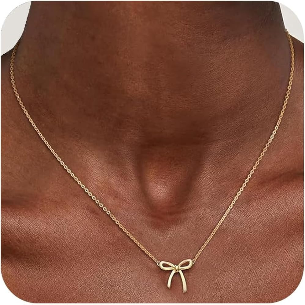14K Gold Silver Bow Necklace for Women - Bow Necklace 14K Dainty Gold Plated Necklace Cute Small ... | Amazon (US)