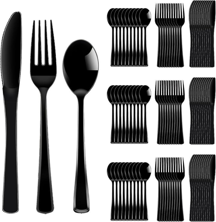 300 Pack Black Disposable Plastic Silverware Heavy Duty,Black Plastic Cutlery Set,Plastic Forks a... | Amazon (US)