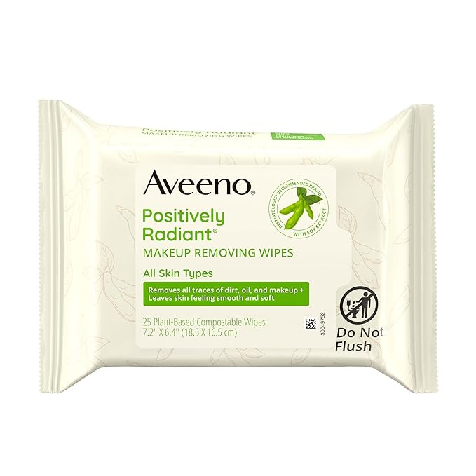 Aveeno Positively Radiant Makeup Remover Wipes, Gentle Individual Face Wipes with Moisture-rich S... | Amazon (US)