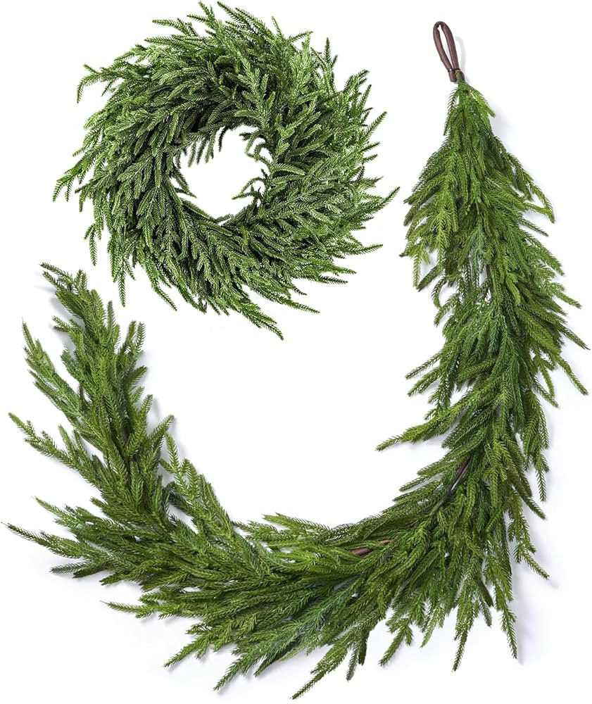 Real Touch Norfolk Pine Christmas Garland and Wreath Set, 24IN Green Wreath and Christmas Garland... | Amazon (US)