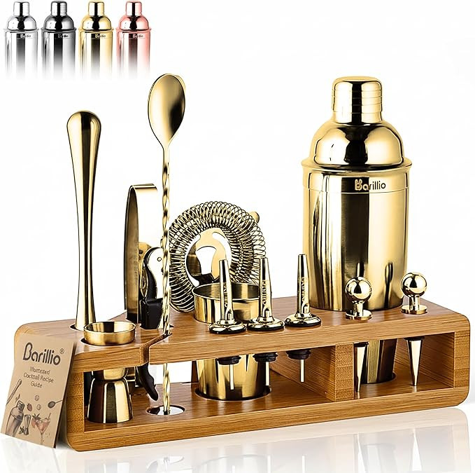 Barillio Gold Bartender Kit - Stainless-Steel Cocktail Shaker Set w/Bamboo Stand - Mixology Bar T... | Amazon (US)