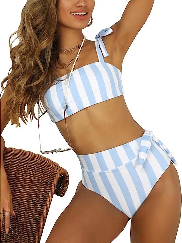 Blooming Jelly Womens High Waisted Bikini Set Tie Knot Bathing Suit Striped Hi Rise Two Piece Swi... | Amazon (US)