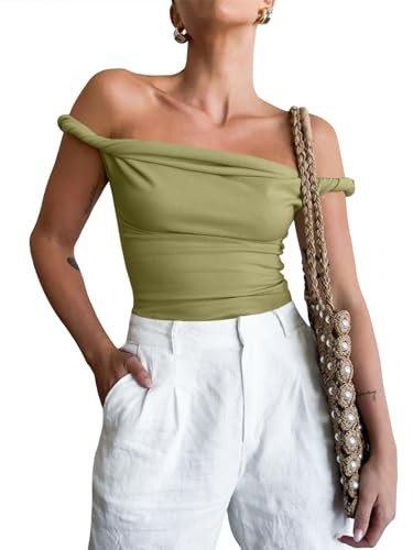 Tankaneo Womens Off The Shoulder Top Sleeveless Slim Fit Stretchy Tank Top Y2k Casual T Shirts Army Green | Amazon (US)