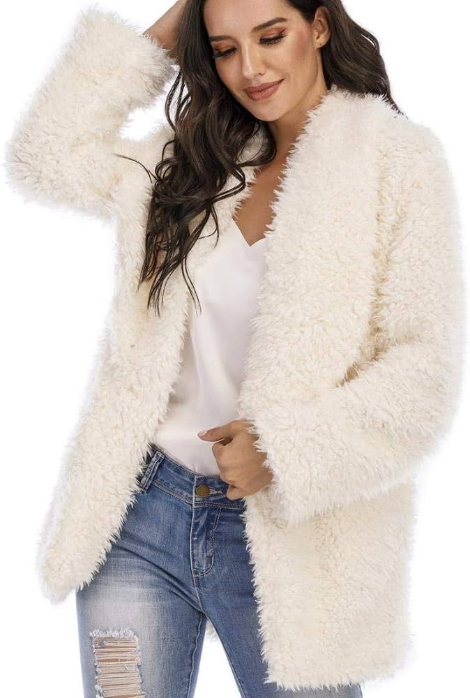 Women's Fuzzy Fleece Jacket Lapel Open Front Long Jackets Faux Fur Sherpa Cardigan Coat with Pocket | Amazon (US)