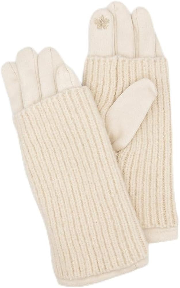 2-in-1 Faux Suede Gloves with Ribbed Knit Wrist Warmers, Cream | Amazon (US)