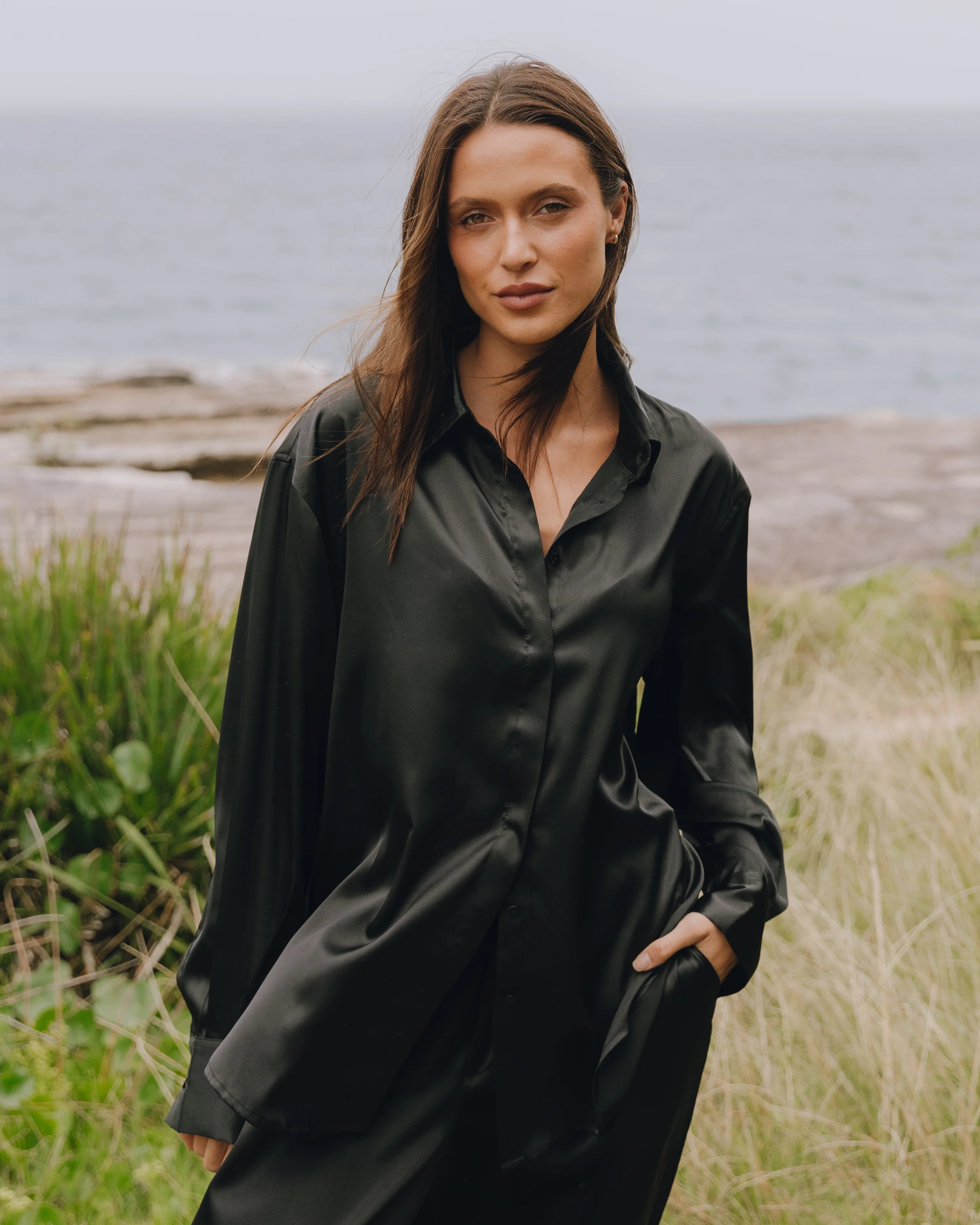 Silky Button Down - Black | Daily Drills