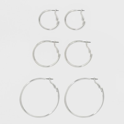 Hoop Earring Set 3pc - A New Day™ Silver: Nickel-Free Metal, Leverback Closure, 2.25" Length | Target