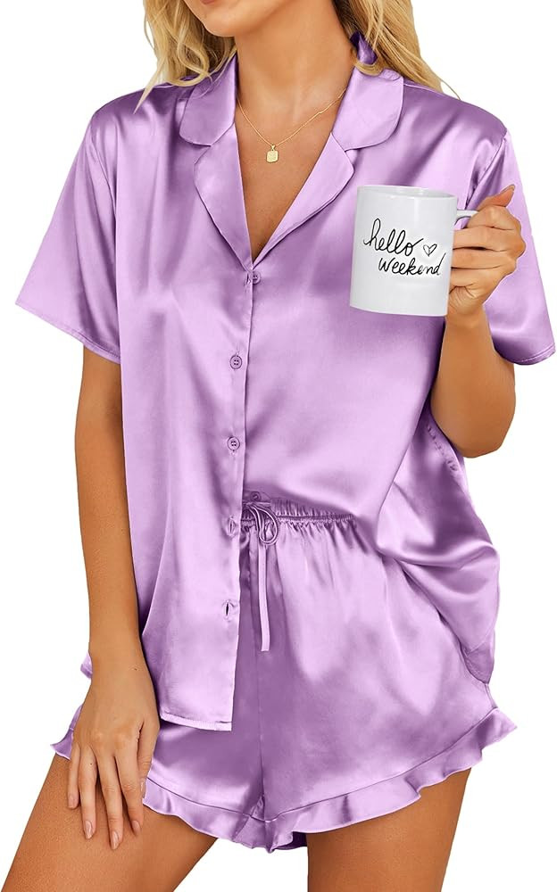 Ekouaer Womens Satin Pajamas Set Button Down 2 Piece Silk Pjs Shorts Set Ruffle Lingerie Notch Co... | Amazon (US)