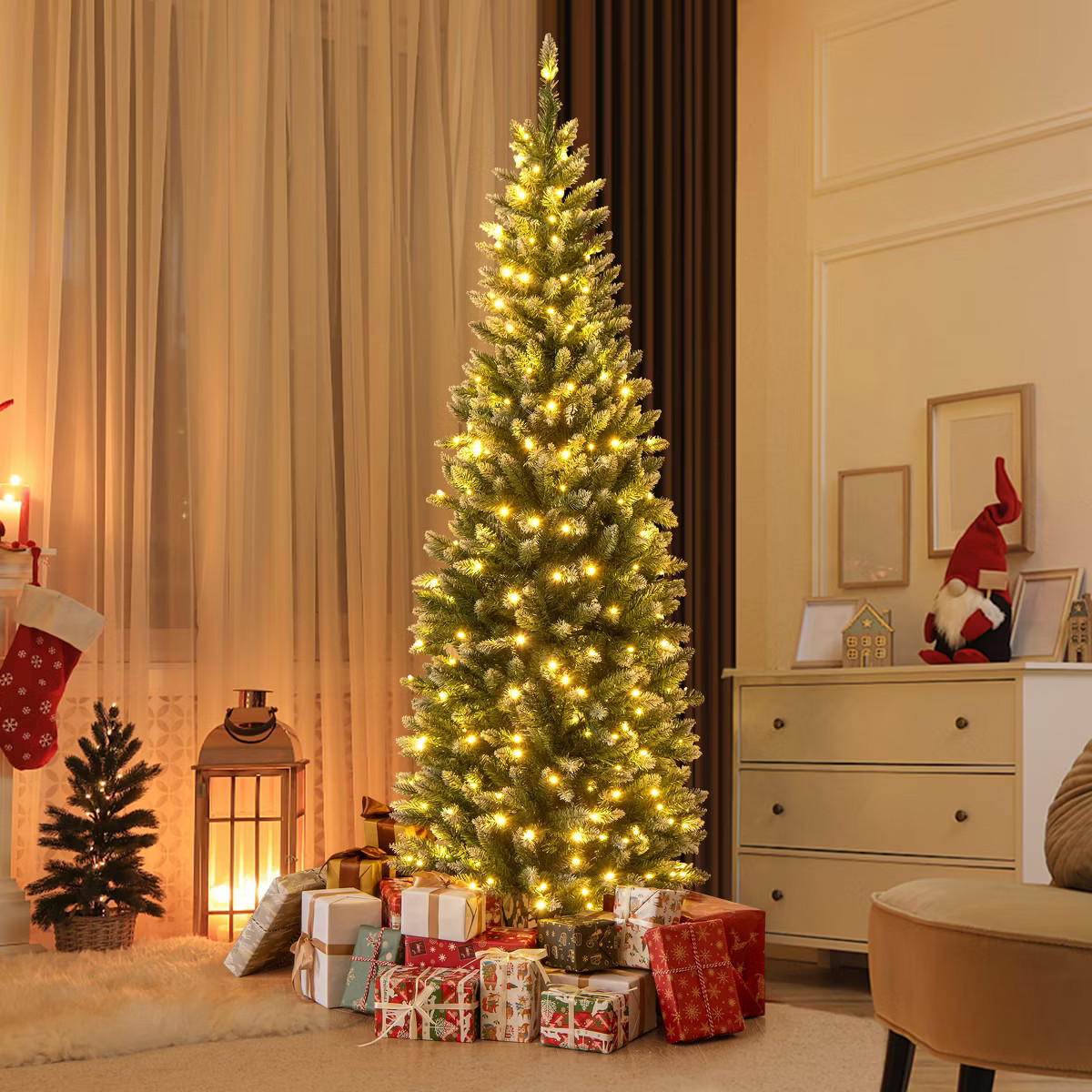 Costway 6FT/9FT Pre-Lit Christmas Tree Hinged Slim Pencil Xmas with 250/500 LED Lights | Target