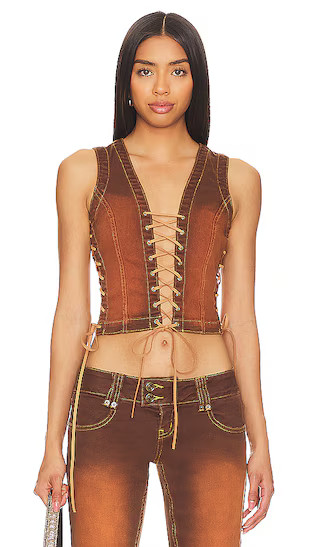 Sunburst Denim Lace Up Corset in Multi | Revolve Clothing (Global)
