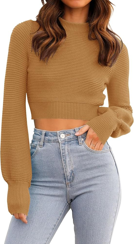 ZESICA Women's Fall Mock Neck Cropped Sweater Long Sleeve Soft Ribbed Knit Pullover Jumper Tops | Amazon (US)