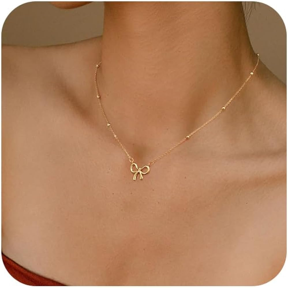 CAROVO Gold Bow Necklace for Women 14K Dainty Gold Necklace Cute Small Cubic Zirconia Bow Pendant... | Amazon (US)