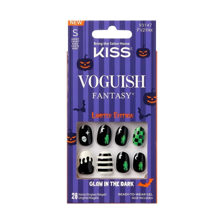 KISS Voguish Fantasy Glow in the Dark, Press On Nails, Dark Clowns, Black, Short Oval, 28 Count | Walmart (US)