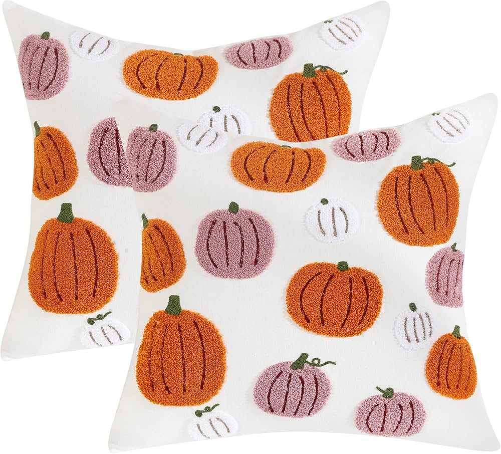 Tosleo Halloween Throw Pillow Covers 18x18 inch Set of 2 Halloween Orange Pink Pumpkins Embroider... | Amazon (US)