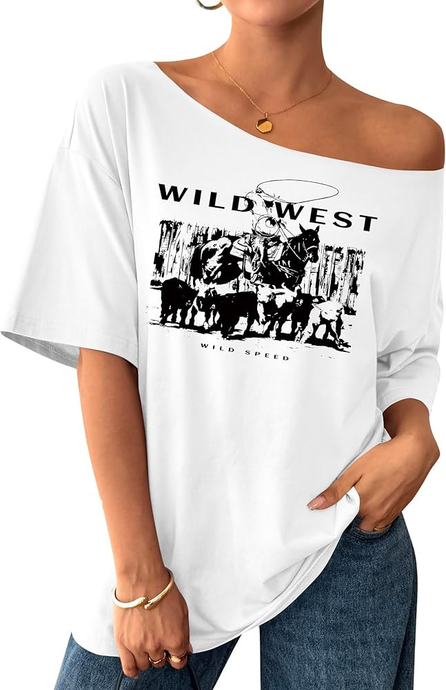 Remidoo Women's Oversized T Shirt Off The Shoulder Tops Short Sleeve Shirts Graphic Tees | Amazon (US)