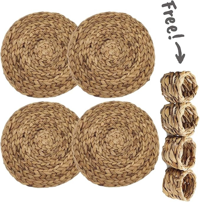 Round Woven Placemats Set of 4,Natural Water Hyacinth Placemats with Napkin Holders,Wicker Braide... | Amazon (US)