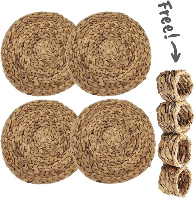 Round Woven Placemats Set of 4,Natural Water Hyacinth Placemats with Napkin Holders,Wicker Braide... | Amazon (US)