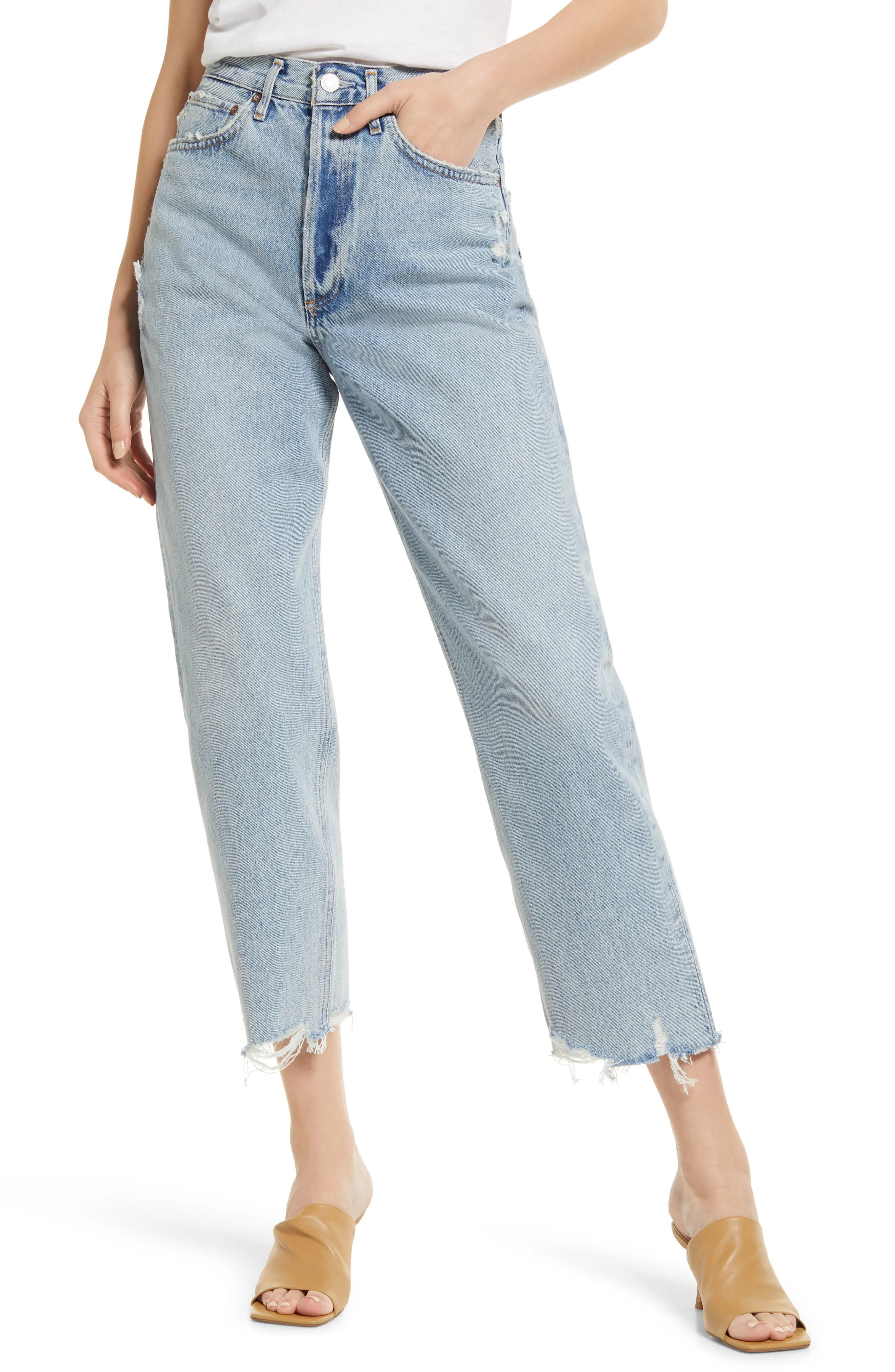 AGOLDE '90s High Waist Frayed Crop Organic Cotton Jeans in Nerve at Nordstrom, Size 25 | Nordstrom