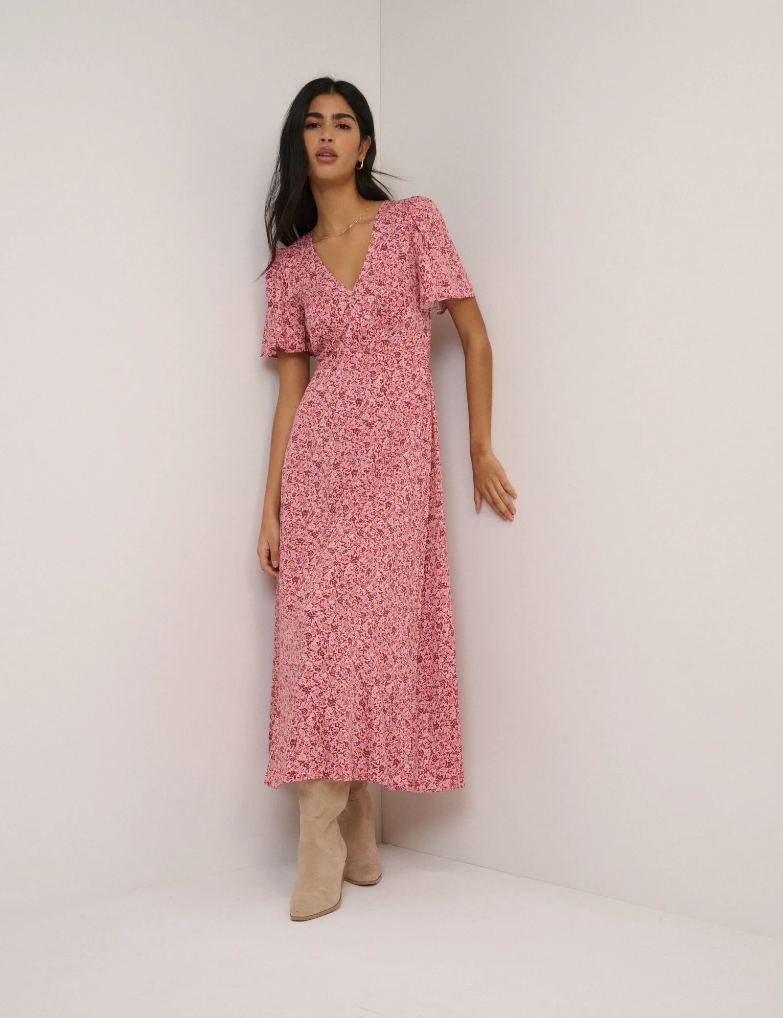 Pink Floral Atlas Midi Dress | Nobody's Child