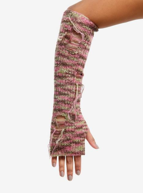 Pink Brown & Green Destructed Knit Arm Warmers | Hot Topic
