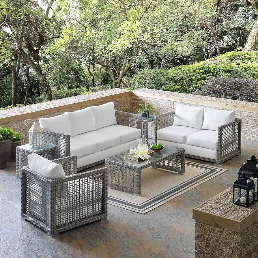 Modway EEI-3559-GRY-WHI-SET Aura Outdoor Patio Wicker Rattan Set, 6 Piece, Gray White | Amazon (US)