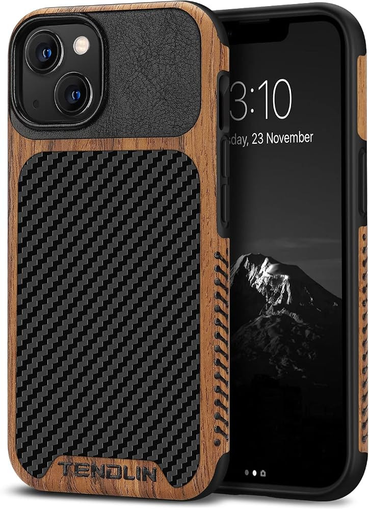 TENDLIN Compatible with iPhone 13 Case Wood Grain with Carbon Fiber Texture Design Leather Hybrid... | Amazon (US)