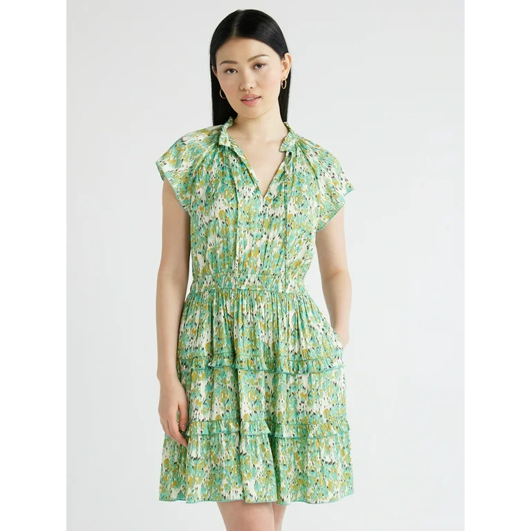 Scoop Women's Satin Mini Ruffle Dress with Cap Sleeves, Sizes XS-XXL | Walmart (US)